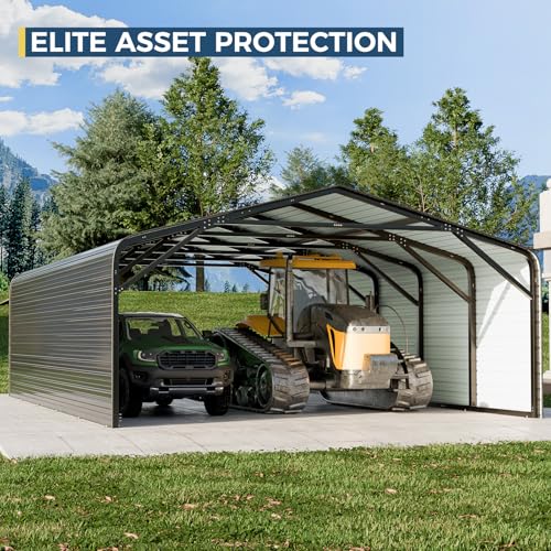Image of 20x26 FT Heavy Duty Carport with Structural Reinforcement | 2-Sided Enclosure | Galvanized Steel Roof| Ground Anchors | Snow /Wind Resistant | Fits Trucks, RVs, Pickups, Boats, Tractors, SUVs