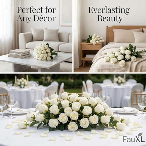 Image of Set of 24 Artificial Rose Flowers Bunches for Vase - Home Decoration Gift Items for Living Room Corner Table Top Bedroom Wedding (Pot Not Included) - 24 CM (White)