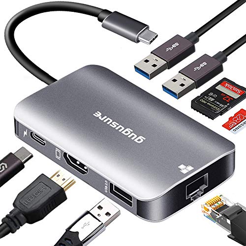 Gugusure USB C Hub, 8 in 1 Type C Hub with Ethernet Port, 4K USB C to HDMI, USB-C Power Delivery, 2 USB 3.0 Ports, 1 USB 2.0 Ports, SD/TF Card Reader, Portable for Mac Pro and Other Type C Product