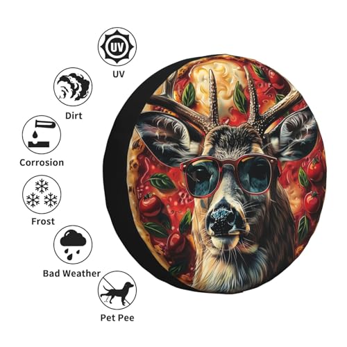 Image of Deer with Glasses and Pizza Spare Tire Cover Wheel Protectors Weatherproof Deer Pattern Wheel Covers Universal Fit for Trailer RV SUV Truck Camper Travel Trailers Accessories 14 Inch