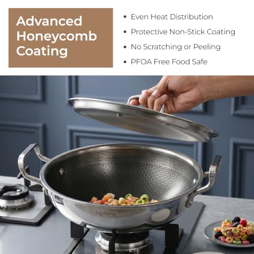 Image of Lifelong Triply Honeycomb Kadhai 26 Cm for Kitchen | Extra Deep Stainless Steel | 3-Layered Nonstick Coating | 2.5mm Thick | Scratch-Resistant | Even Heating with Less Oil | Gas & Induction Compatible