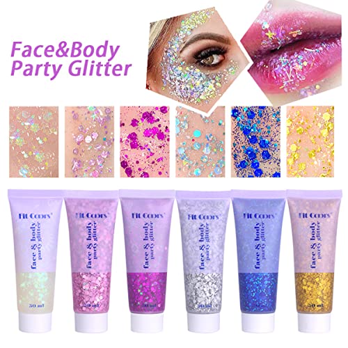 Meicoly White Body Glitter,Music Festival Rave Accessories,Mermaid Face Glitter Gel,Self-Adhesive Sequins Glitter Face Paint,Chunky Glitter For Eye Lip Hair,Sparkling Holographic Gel For Women,50G #TOP1