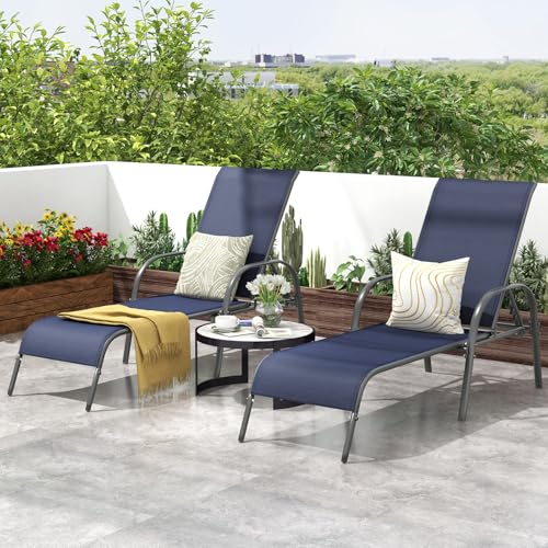 Image of Giantex 2 Pack Patio Lounge Chair, Outdoor Chaise Lounge with 5 Adjustable Backrest, Sturdy Steel Frame, Sunbathing Recliner, Beach Chair, Tanning Chair for Outside, Yard, Balcony, Pool Chairs, Navy