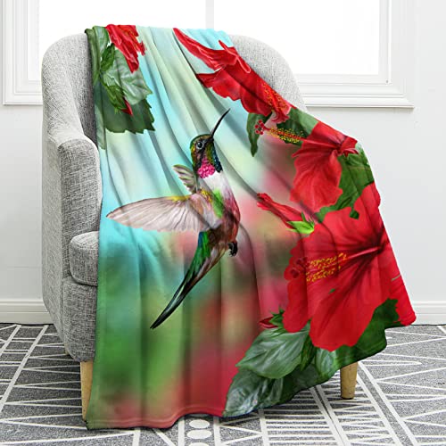 Jekeno Spring Hummingbird Floral Blanket Gifts for Women Kids Girls Mom Wife Birthday Mother's Day Presents Red Flowers Bird Decor for Home Bed Bedroom Soft Cozy Plush Throw Blanket 50"x60"