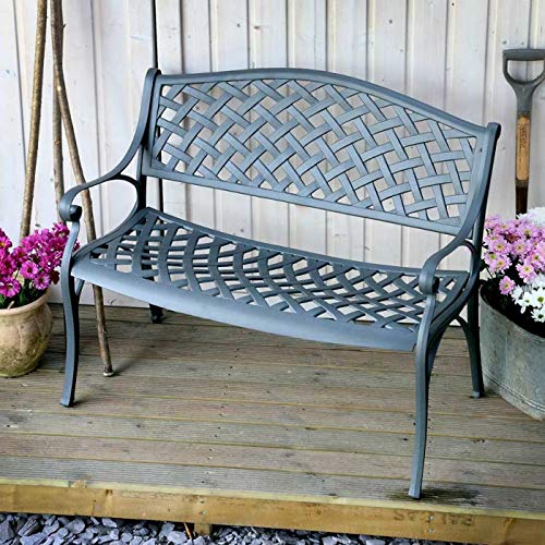 Lazy Susan Willow Square Table with Jasmine Bench, Maintenance Free, Lightweight, Weatherproof, Sand Cast Aluminium, Slate Grey (Stone Cushions)