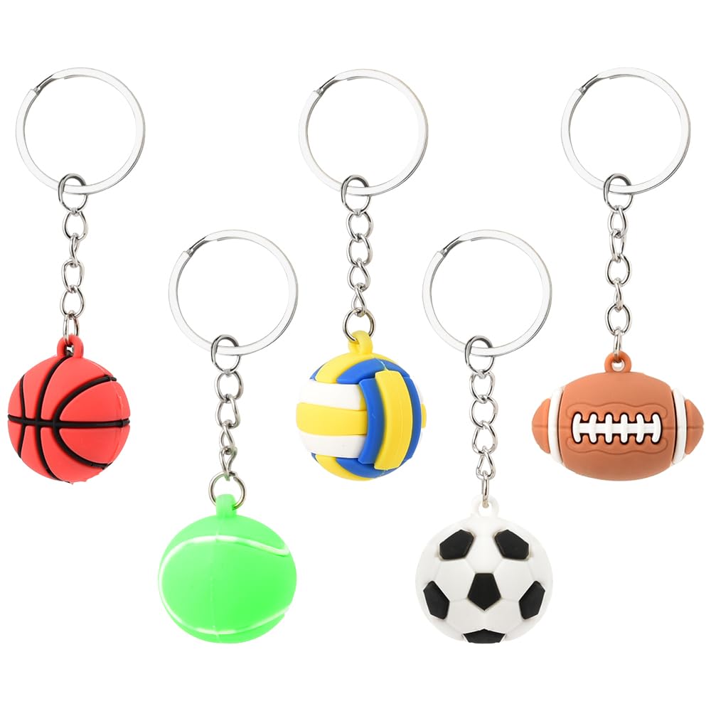 SisadodoSports Keychains Gifts for Son Daughter Birthday Gift for Sport Player Coaches Basketball Football Keychain for Boy Girl Sports Party Favors Volleyball Tennis Keyring for Women Men Rugby Keyfob 5Pcs