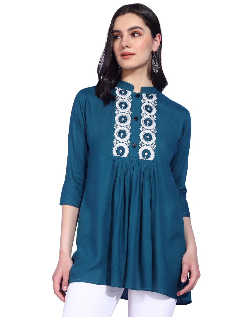 dsk studio Women's Rayon Embroidered Kurti Top with Mandarin Collar & Button Detail-picture-47