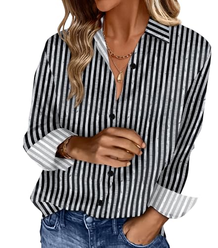 OFEEFAN Striped Shirt Womens Button Down Blouses Business Casual Fashion Outfit Spring Summer Tops Beach Vacation Clothes Print 7 S