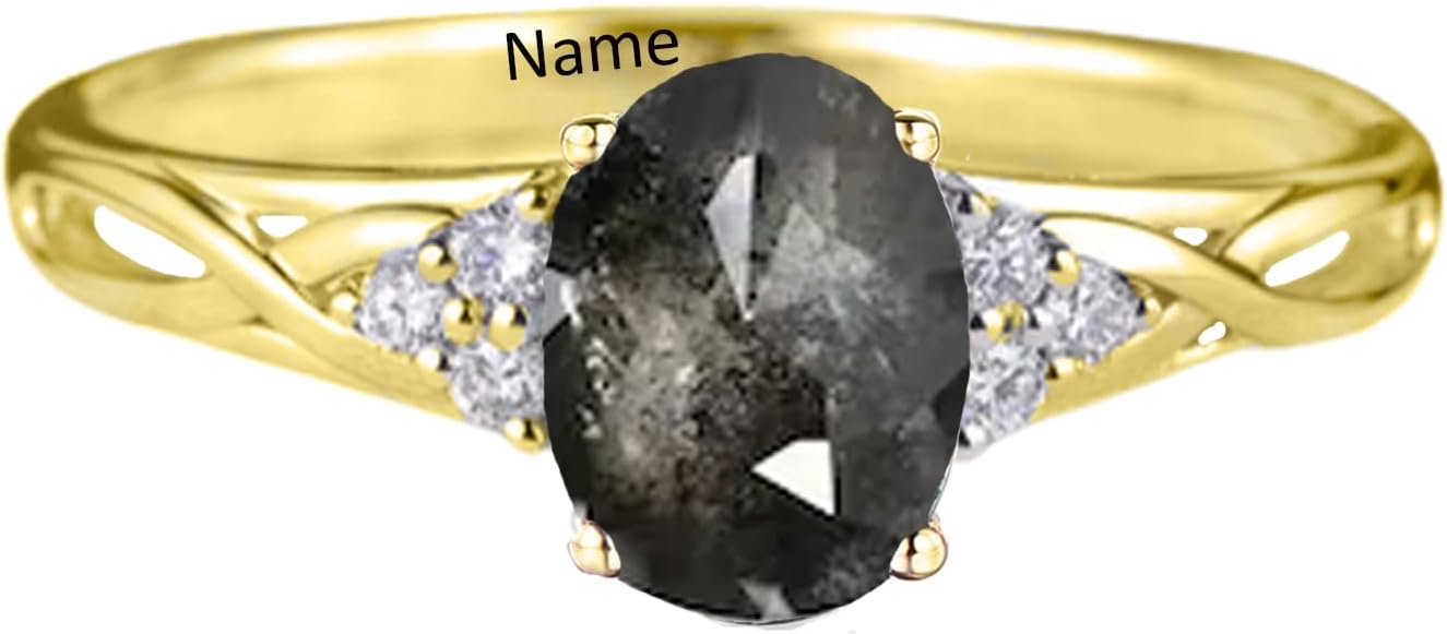 Natural Moss Agate Ring for Women Solid 925 Sterling Silver Salt and Pepper Diamond Ring with Moissanite, Engraved Name Wedding Bands for Her