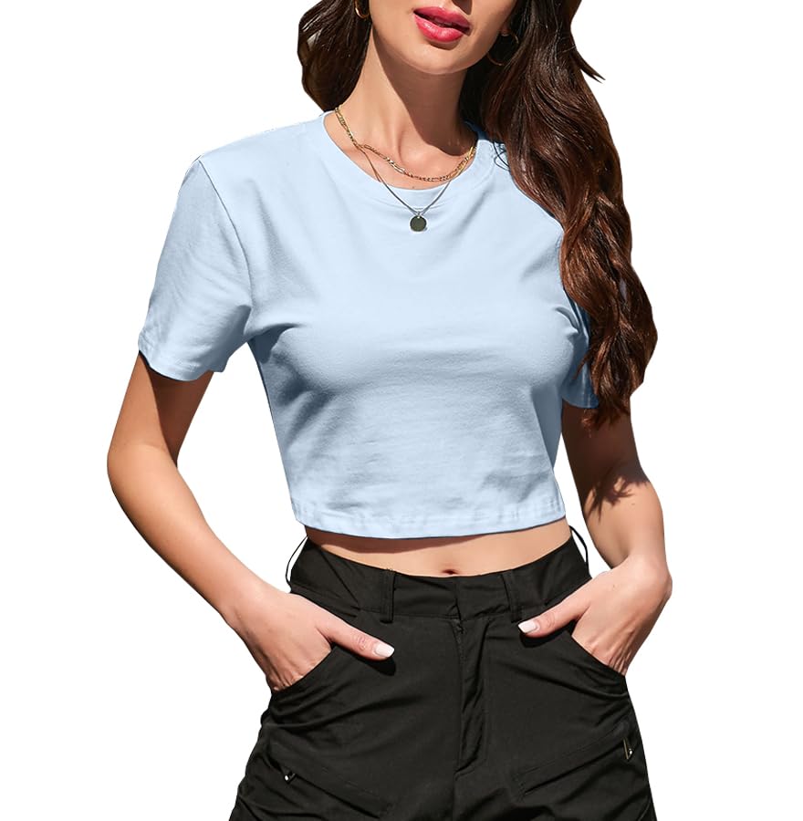 Image of Betusline Girls & Women Basic Summer Short Sleeve Slim Fit T-Shirts Soft Crewneck Crop Y2k Tee Cute Gym Fashion Clothes