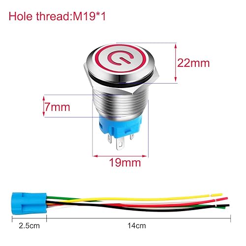 Miniatura 6 de 2 interruptores de botón de cierre de acero inoxidable de 0.75 pulgadas (0.748 in), 12 V-24 V, 5 A, símbolo de alimentación, LED, SPDT, encendido y
