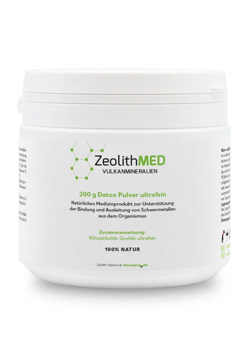 Zeolith MED Premium 200g Detox-Pulver, Medizinprodukt, ultrafeines 9µm hochreiner Zeolith-Klinoptilolith mit exponentiell mehr Oberfläche und Wirkung pro Gramm, Entgiftungskur, Apothekenqualität