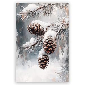 Vintage Winter Forest Painting Canvas Wall Art Snowy Pine Cones Poster Prints Country Farmhouse Christmas Decor Winter Xmas Home Living Room Decoration 8x12inch Unframed