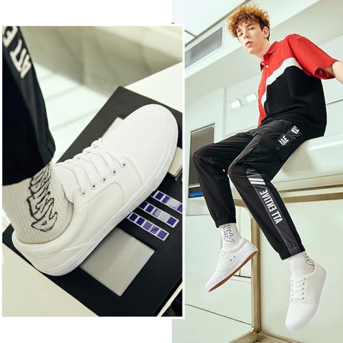 Image of BENPAO Mens White Casual Shoes All Black Fashion Sneakers for Men Low Top Lace Up Canvas Shoes