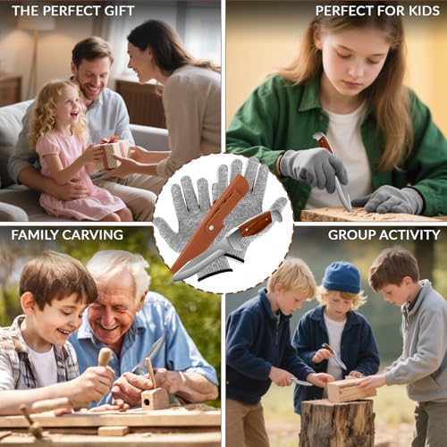Zikenis Schnitzmesser Kinder ab 6 Jahre, Taschenmesser Kinder mit Messerscheide und Schnittfeste Handschuhe, Kindermesser, Kindermesser Schnitzset Schnitzwerkzeug Outdoor Messer