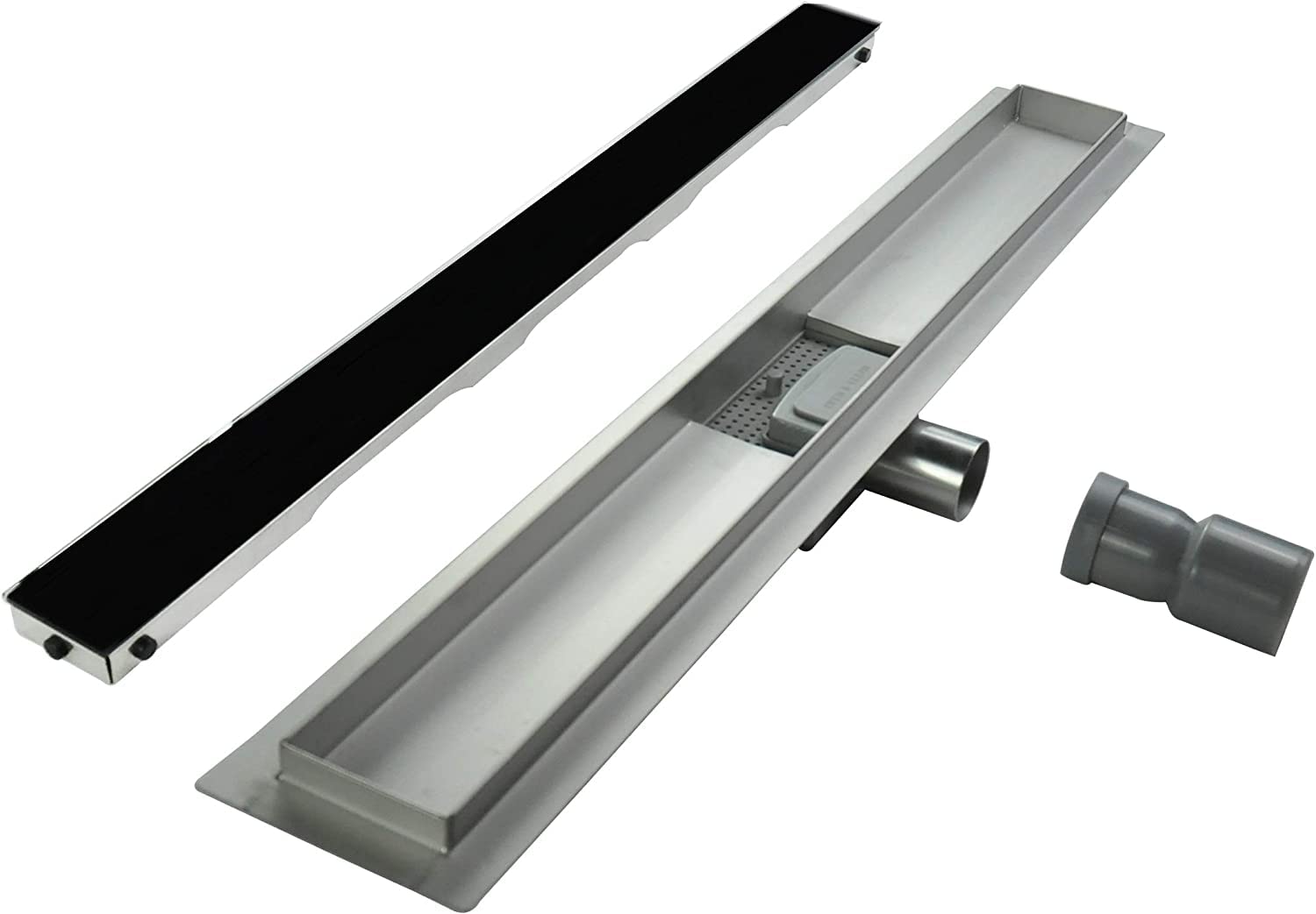 Canaleta de Ducha Rectangular de Acero Inoxidable Ultra Plana Medida 120cm - Modelo R3 Desagüe de Borde Vidrio Negro