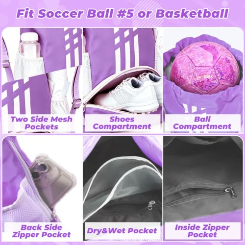 Image of Soccer Bag, Youth Soccer Basketball Bag with Compartments Drawstring Backpack for Football Volleyball Gym Training (Purple)
