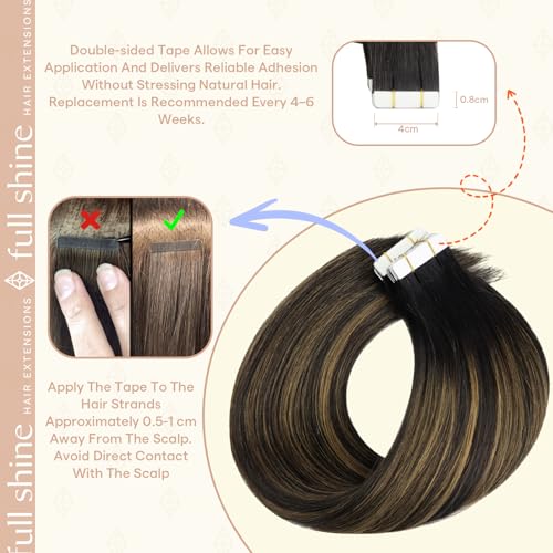 Image of Full Shine Human Hair Extensions Tape in, Off Black Brown Ombre 12 Inch | 30g 20PCS, Seamless Skin Weft Tape in Hair Extensions, Balayage Invisible Blend Double Sided Adhesive Soft Daily Volume