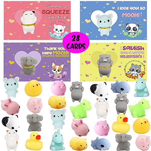 UMEELR Valentines Day Gifts Cards for Kids, 28 Pack Valentine s Greeting Cards with Mochi Squishy Toys, Valentine School Classroom Prize Party Favor Toys, Valentine Gift Exchange