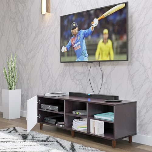Image of VIKI Modern TV Unit for Living Room | Engineered Wood TV Cabinet with 1 Door Storage & 2 Open Shelves, Entertainment Unit, 140W x 48H x 40D cm | DIY | 1 Year Warranty (Wenge & White)