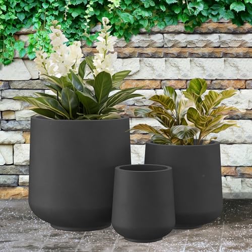 Image of Kante Set of 3 Black Concrete Curved Planters 16.5 inch 13 inch 9.4 inch Dia | Drainage for Outdoor, Rubber Plug for Indoor Home, All-Weather Cement Pot, Handcraft, Lightweight & Durable, Anti-UV, Round