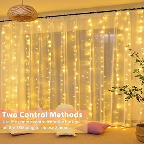 Fulighture Curtain Fairy Lights, 3x3m 300 LED String Lights, Remote Control Timer, 8 Modes Copper Light, USB Plug in, for Indoor Bedroom Wall Decor Party Wedding (Warm White)