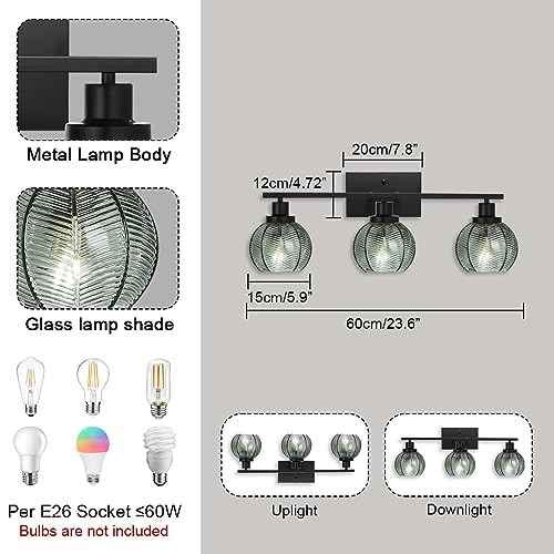 Image of 3-Light Bathroom Light Fixture Green Wall Lights with Ribbed Glass Shade Black Vanity Light Over Mirror Mid Century Wall Sconce for Bedside Bedroom Living Room