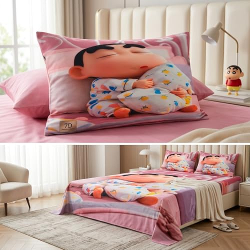 Image of Shinchan 7D Printed Bedsheet for Double Bed | Glace Cotton 7D Digital Print | 90x100 Inch (228x254 cm) | 1 Bedsheet + 2 Pillow Covers | Soft, Breathable & Vibrant Colour Bedding Set