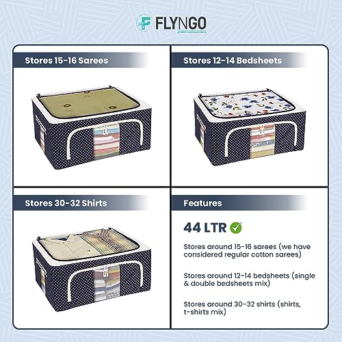 Image of FLYNGO Foldable Steel Frame Clothes Organizer Storage Box For Wardrobe, Saree, Shirts, And Blankets (44 Ltr - Pack Of 4, Oxford Fabric), Blue