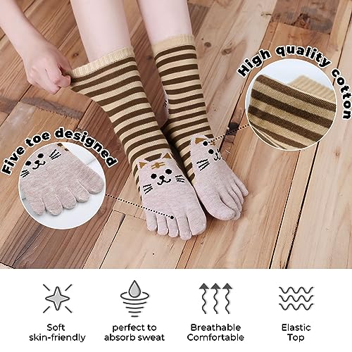 Image of CaiDieNu Women's Animal Toe Socks - Cotton Five Finger Colorful Funny Casual Crew Socks for Ladies
