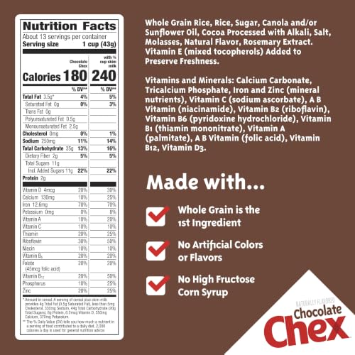 Image of Chocolate Chex Cereal, Gluten Free Breakfast Cereal, Made with Whole Grain, Family Size, 20.3 oz