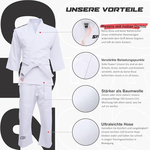 Foto von Starpro Judoanzug für Kinder – Hochwertiger Judo Gi aus 100% Baumwolle, 250 g/m² – Inklusive Weißer Gürtel – Größen 100 cm bis 170 cm