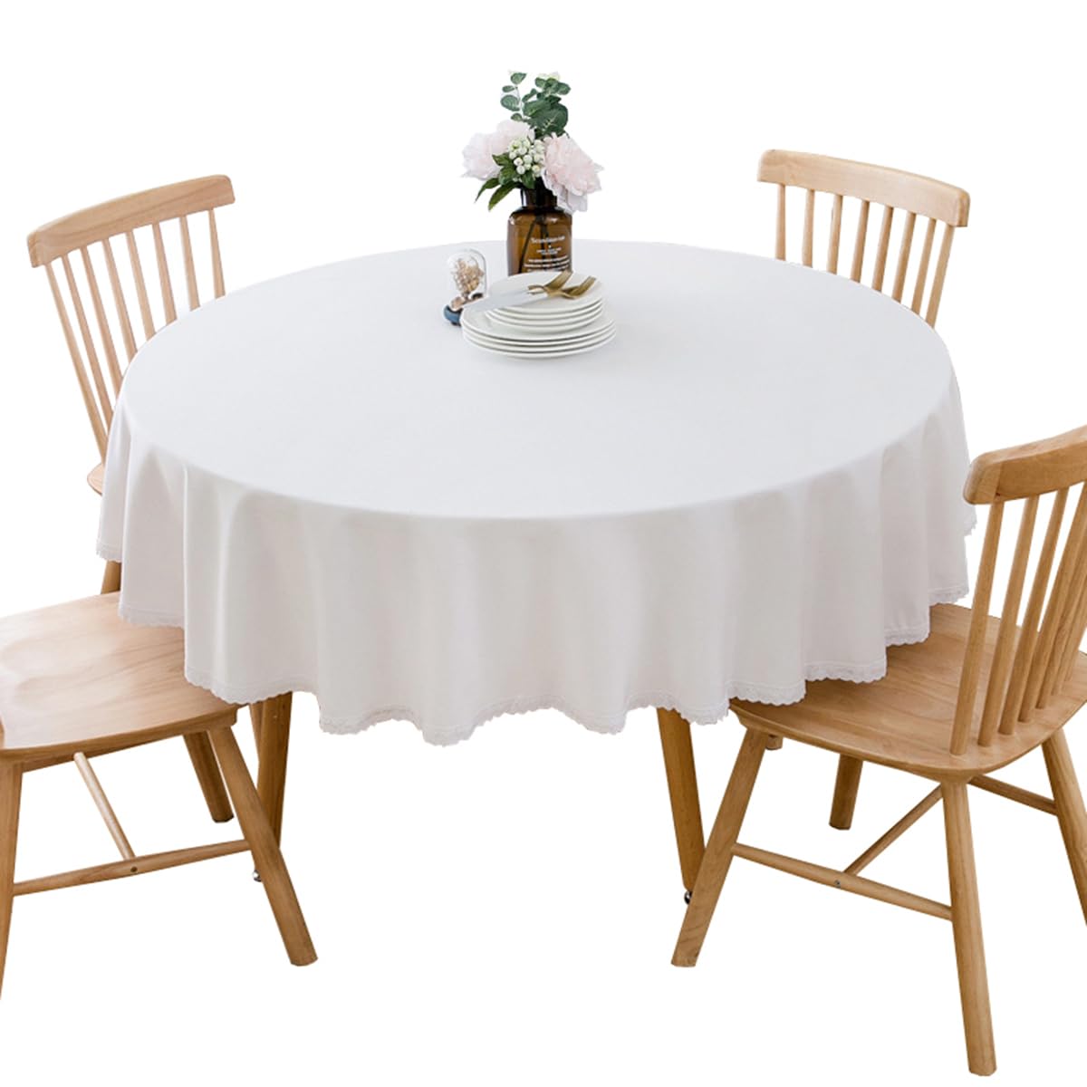 Runde Tischdecke aus Baumwollleinen, geeignet für Esstische, Kaffeetische, maschinenwaschbar, weiß, Durchmesser 180 cm