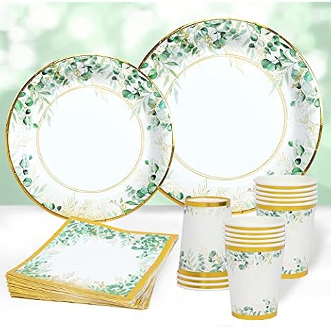 QIFU Green Party Plates Cups and Napkins Set - 96 Pieces Sage Green Paper Plates Napkins and Cups Baby Shower Plates Green Gold Party Tableware for Baby Shower Wedding Birthday Party Supplies Cover