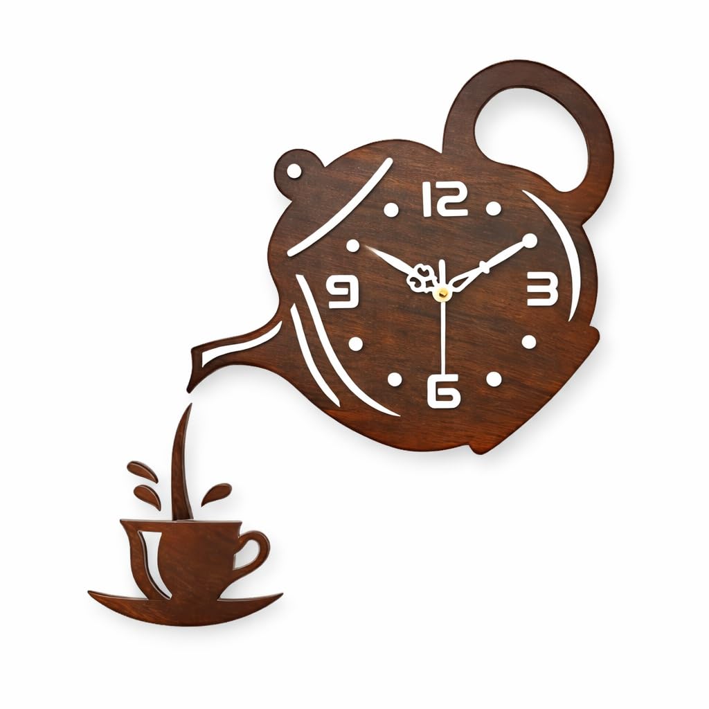 cozyloom tea time theme wall clock - creative wooden wall clock with teapot & cup cutout design, silent non-ticking quartz movement, analog kitchen clock for wall decor & gift use (dark brown)