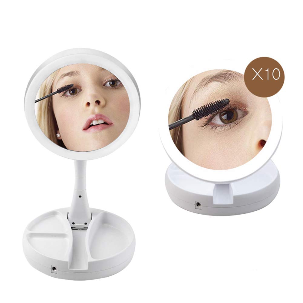 Miroir de maquillage de bureau pliable lumineux LED à pile ou USB