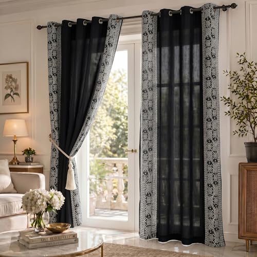 Image of LINENWALAS Cotton Linen Sheer Curtains 5 Feet for Window -Block Printed Door Curtain | Grommet Hanging Style Pack of 2 Panels |Light Filtering Sheer Drapes (Bandhani)