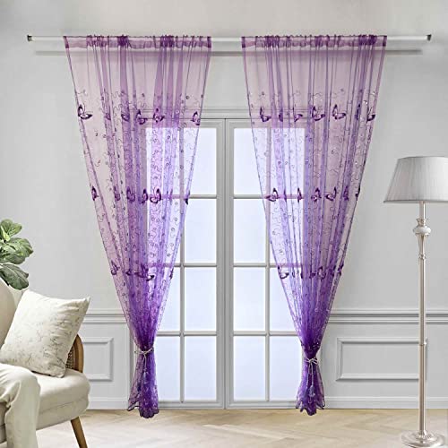 Winyy UNKNOWN Sequins Butterfly Sheer Voile Curtain For Bedroom Kitchen Window Purple Curtain Drape Rod Pocket Top Tulle Gauze 1 Panel 40 Inch Wide 63 Inch Long thumb #1