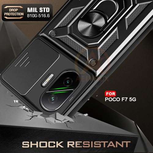 Image of Armor Bumper Back Cover Case for Poco F7 5G | Rotating Camera Cover, Ring Holder & Kickstand | Heavy Duty & 360 Degree Protection Poco F7 5G Back Cover (Black)