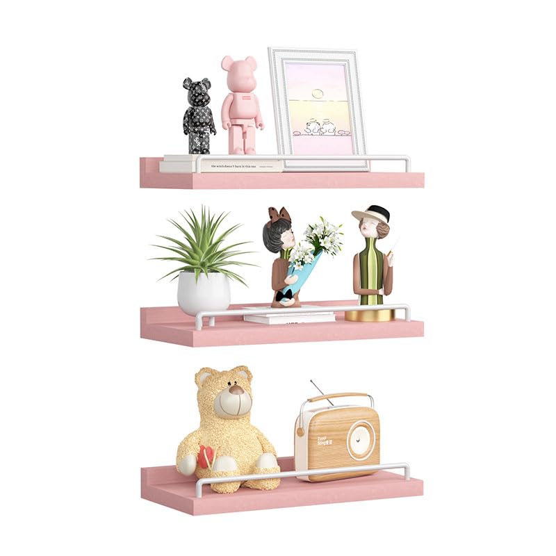 Image of RYOFOBETTO Small Floating Shelf, 6X9 Inches Farmhouse Wall Shelves for Living Room, Bedroom, Picture Frames, Plants, Kitchen, Set of 3 (Pink and White)