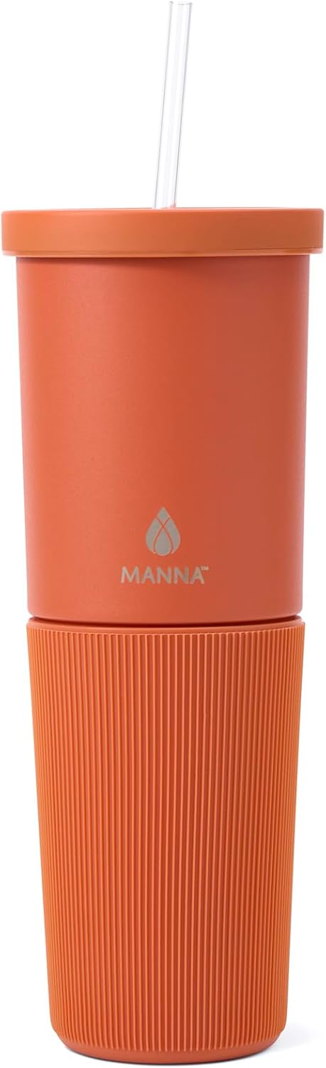 Manna Tribeca Double-wall Vacuum Insulated Stainless Steel Tumbler with Splash-proof Lid, Reusable Tritan Straw, and Silicone Sleeve - 32 Oz - Yam Powder Coat