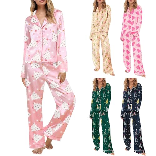 HUIFUAO - Conjunto de pijama de Navidad para mujer, lindo estampado de Papá Noel, pijama de árbol de Navidad, conjunto de 2 piezas, camisas de manga larga y pantalones, ropa de dormir de satén, Z02