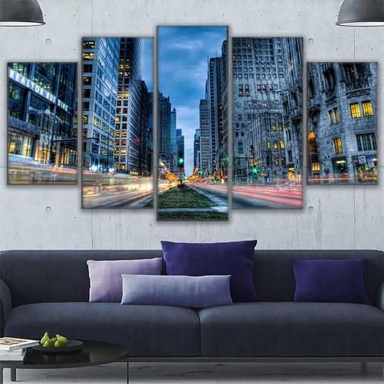 Genérico 5 Impresiones en Lienzo Chicago Crepúsculo Lapso de tiempo Lienzo de pared de arte moderno enmarcado Pintura Dormitorio Salón Cocina