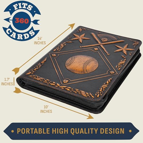Image of Baseball Card Binder - Stunning 3D Raised & Hand Colorwashed PU Leather Binder - 9 Pocket Album w Zipper - 360 Side Loading Sleeves Book for Baseball Trading Cards - Works with Topps, Bowman, Panini..