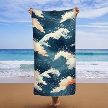 Beach Towel Quick Dry Absorbent 32x64in, Microfiber Beach Towels Oversized Lightweight, Camping Essentials Outdoor Blanket, Sand Free Travel Towel Extra Large, for Women Yoga Camping Waves 1-9097