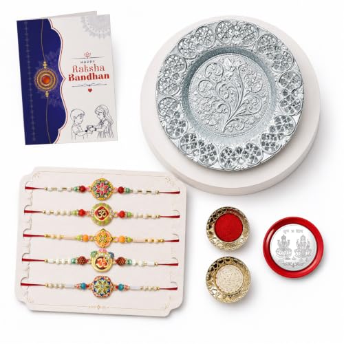 Image of Oblivion Trendy Ethnic Multicolor Rakhi Combo for Brother Bhaiya Bhai with Thali, Roli Tikka, Silver Color Pooja Coin & Greeting Card | Traditional Thread Bracelet | Rakshabandhan Gift Set | Pack of 9