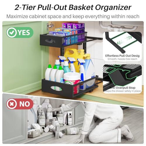 Image of Under Sink Organizer, 2-Pack Pull Out Cabinet Organizer 2 Tier Metal Slide Out Storage Shelf Rack, L-Shaped Adjustable Height,Mesh Sliding Drawer for Kitchen, Bathroom, Laundry, Pantry, Black, XL