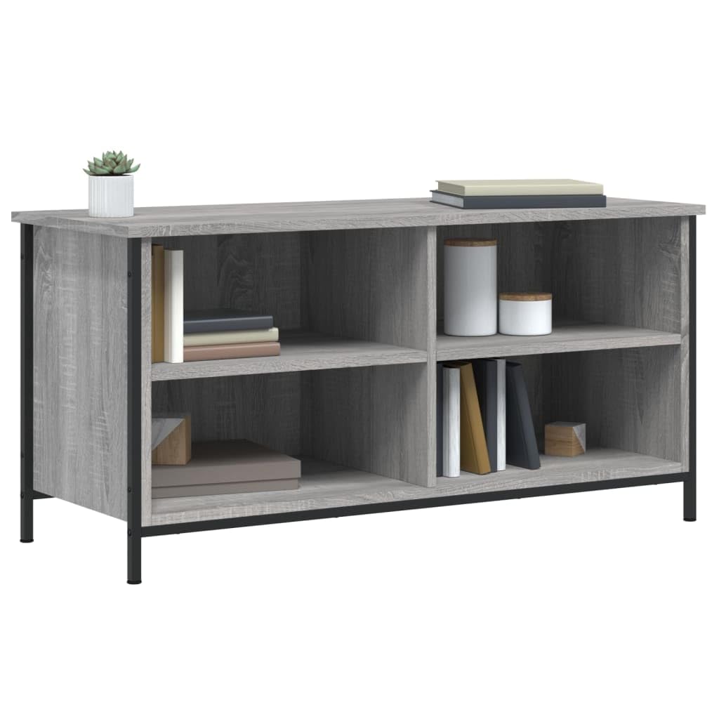 Mobile TV grigio rovere sonoma 100 x 40 x 50 cm, in plastica a base di legno, 4 ripiani aperti, piedini in ferro, stabile e resistente all'umidità, ideale per riporre DVD
