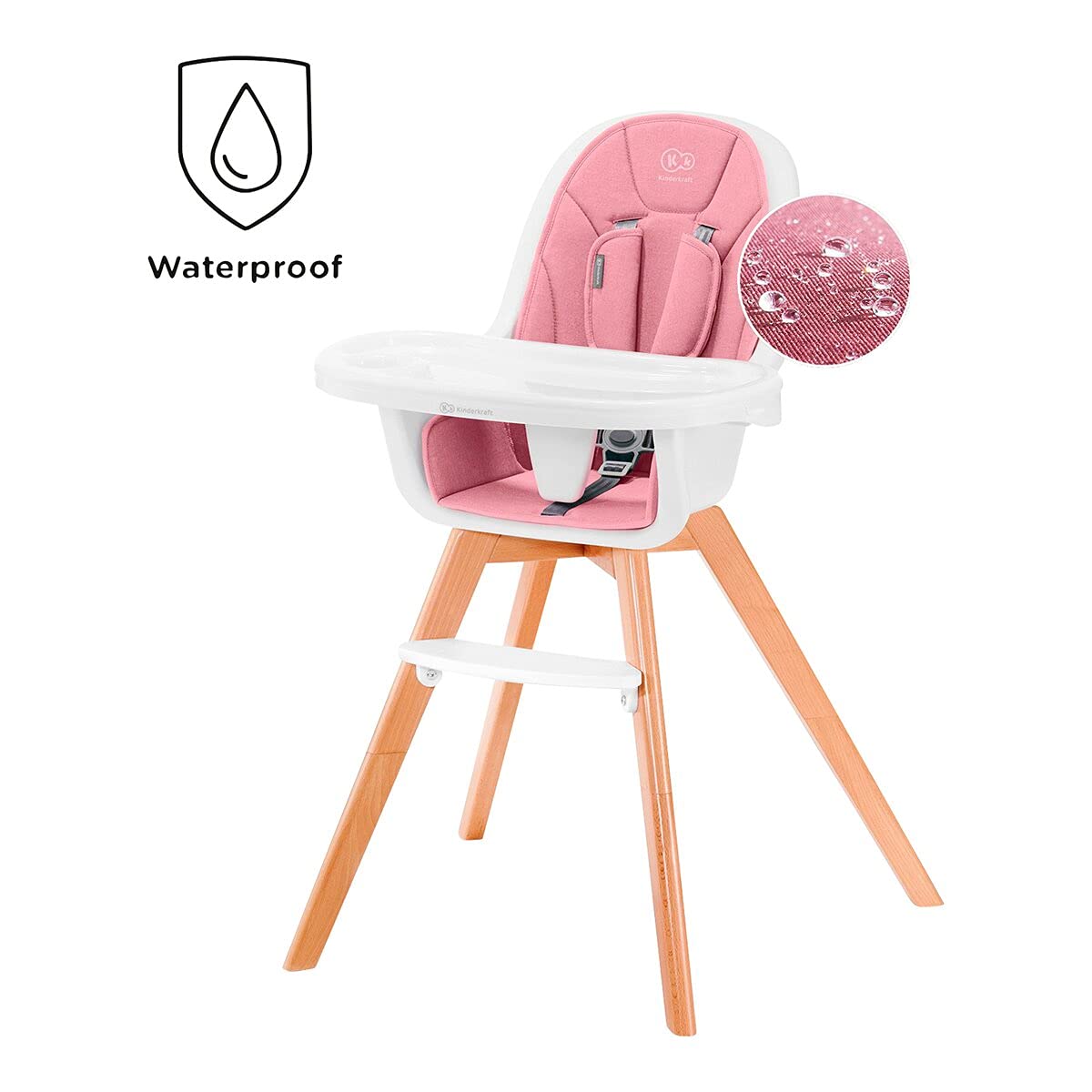 Kinderkraft Seggiolone Pappa TIXI, Gambe In Legno, Ergonomico, Vassoio Regolabile, Poggiapiedi, 6 Mesi fino a 5 Anni, Rosa
