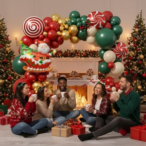 Christmas Balloon Arch Kit, Red Green Nude Metallic Gold Balloons with Santa Candy Lollipop Foil Balloons for Christmas Party Decorations Xmas Eve New Year Holiday Party Supplies by Saxuxu - Used condition - Image 7